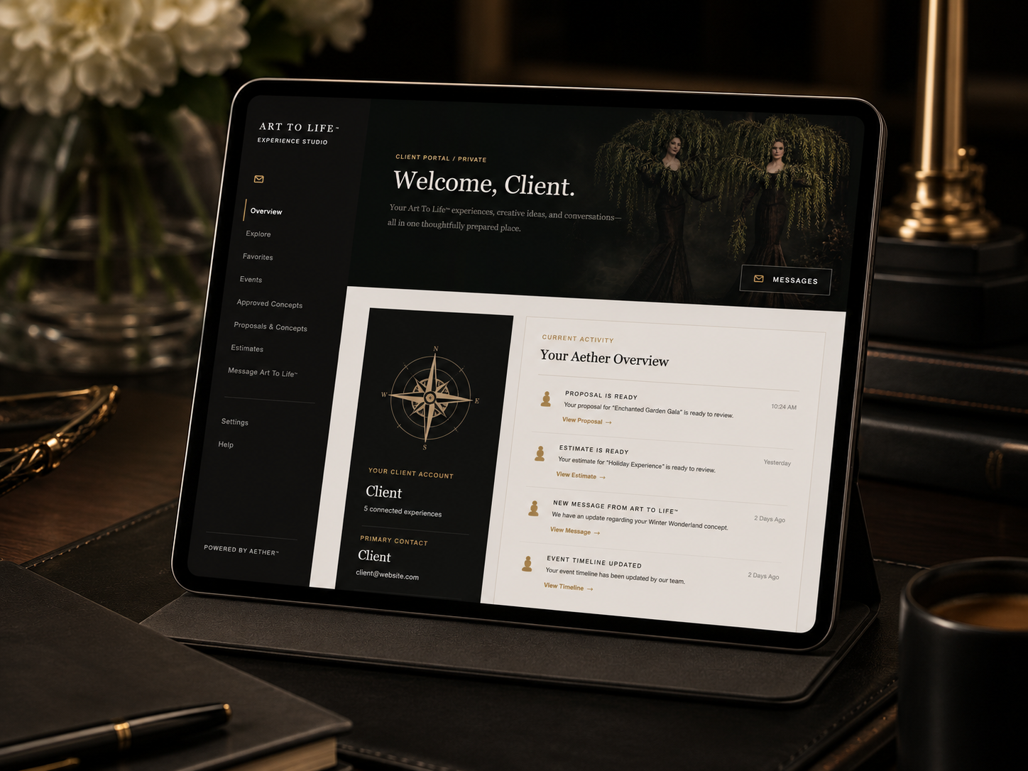 Aether client portal displayed on an iPad resting on an elegant dark studio desk