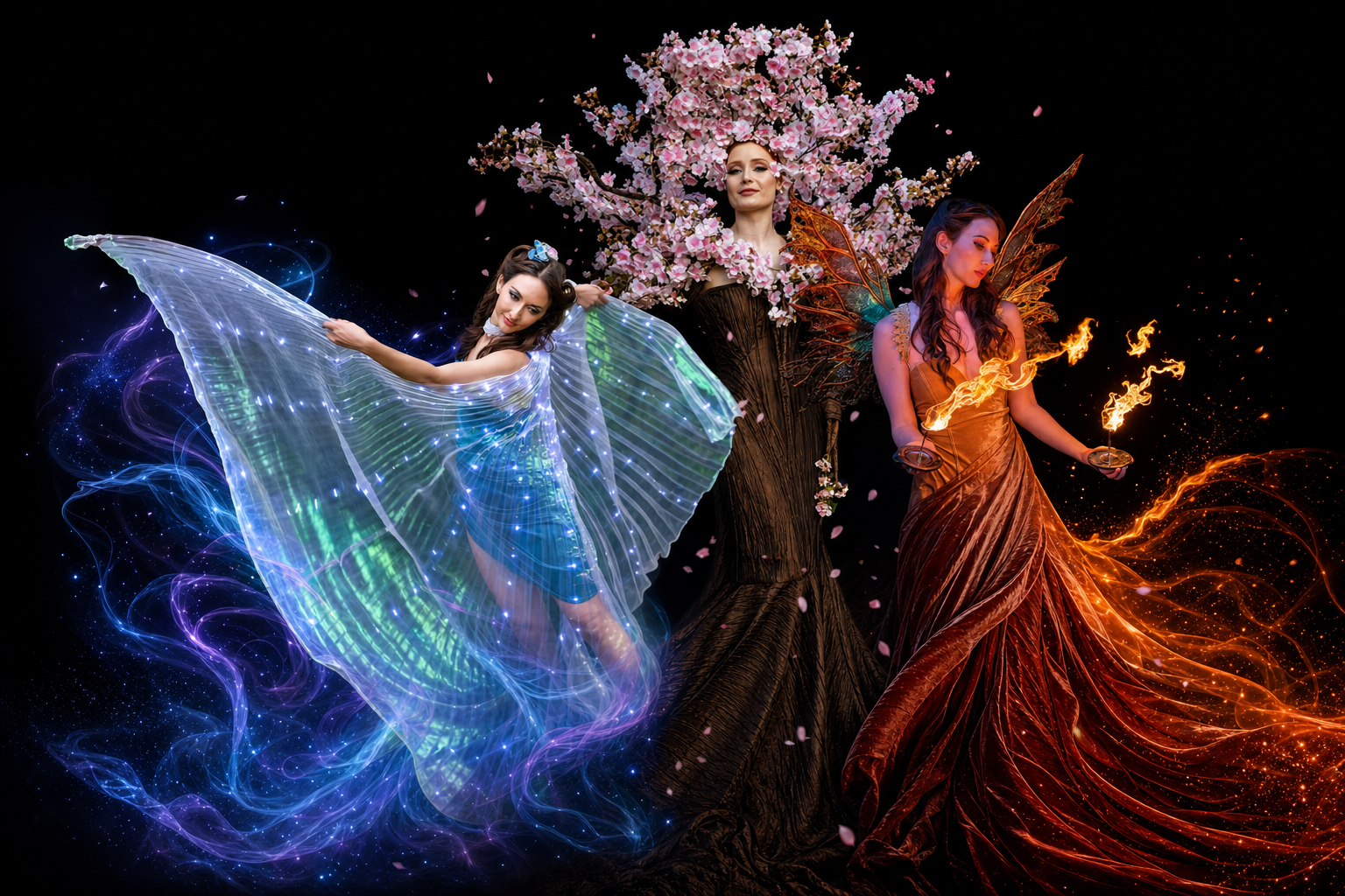 Three theatrical performance artists beneath a flowering tree in violet, botanical, and ember-toned couture